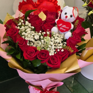 Romantic Red Roses Bouquet with Teddy Bear